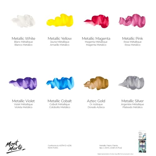 Mont Marte Permanent Fabric Paint Set 8 x 20ml Metallic Colours for Textile, Fabric, T-Shirt, Canvas, Wood, Ceramic, Glass - color: Metallic