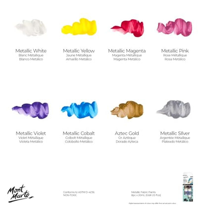 Mont Marte Permanent Fabric Paint Set 8 x 20ml Metallic Colours for Textile, Fabric, T-Shirt, Canvas, Wood, Ceramic, Glass - color: Metallic