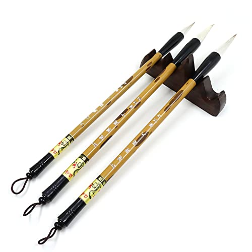 3 Sizes Chinese Writing Brush with Wood Rack Pen Rest, Calligraphy Brush Set, Sumi Painting Drawing Brushes, Kanji Art Brushes for Professional Beginners (Large, Medium, Small Size)