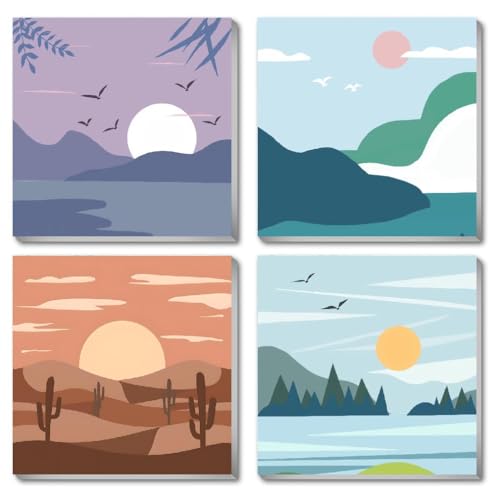 Fotasmua 4 Pack Framed Paint by Number Kits for kids Sunset, DIY Landscape Paint by Numbers Kits for Adults on Canvas, Easy Acrylic Oil Painting for Kids & Adults Beginners for Wall Decor (8 x 8 Inch) - color: BKH970+BKH971+BKH974+BKH975-US