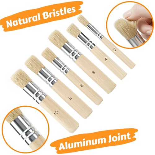 SOUJOY 18 Pcs Wooden Stencil Brushes Set, Natural Bristle Paint Brushes with Wooden Handle for Acrylic Oil Watercolor Painting, Wood Wall Model House Painting, Stencil Projects, DIY Crafts, 6 Sizes