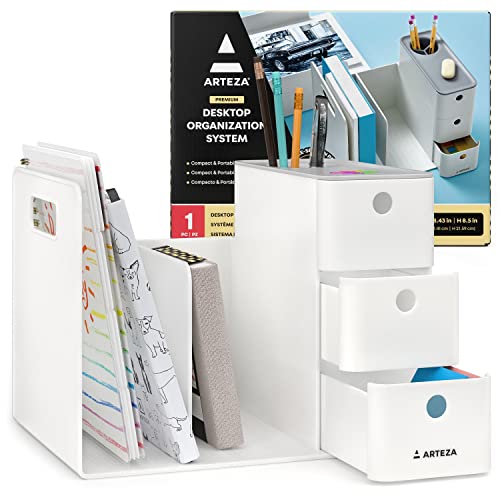 ARTEZA Desktop Storage Rack with Divider – 3 Drawers for Art and Office Supplies, Pencil Holder Organizer for Desk, 11.57 x 8.43 x 8.5 in, Cool Gray - style: 3 Drawers White