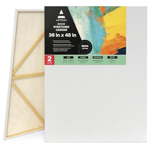 ARTEZA Stretched Canvas, 36 x 48 Inches, Pack of 2, Blank White Large Canvas for Painting for Acrylic, Oil and Gouache Paints - color: White - Classic, size: 36 x 48 (Pack of 2)