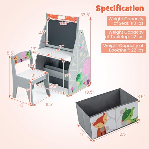 HONEY JOY Kids Art Easel, Wooden Double-Sided Toddler Table & Chair Set w/Adjustable Magnetic White Board & Chalkboard, Bookshelf & Storage Bin, Arts & Crafts, Kids Art Table for Boys Girls (Gray) - color: Gray