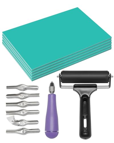 UCEC 1+7 Pack Linocut Carving Tools Linoleum Cutter & Linocut Block Printing Kit – Includes 5 Soft 4" x 6" Linoleum Blocks and Lino Cutting Tools with 6 Blades Universal Size, 4’’ Brayer Roller, Compl