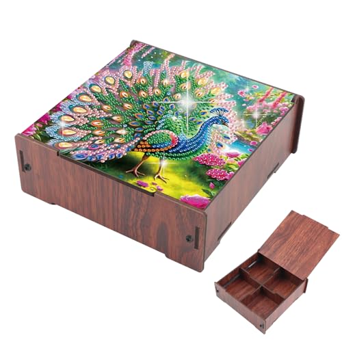 DIY Diamond Art Storage Box, Peacock Design Wooden Diamond Painting Organizer with Flip-Top Lid and 4 Divided Compartments, for Craft, Jewelry, and Desktop Storage, Table Decoration Gift Accessories - color: Peacock
