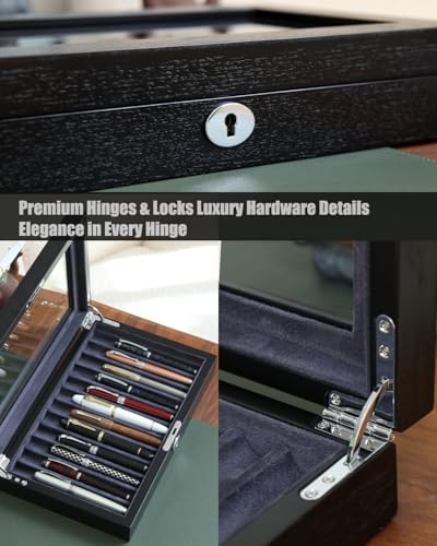 Wood Pen Display Case with 12 Pens, Fountain Pen Display Box, Lockable Pen Storage Box with Glass Top, Pen Box Organizer, Pen Collection Display Case (Black with Gray Velvet) - color: Black 12 Slots, Gray Velvet