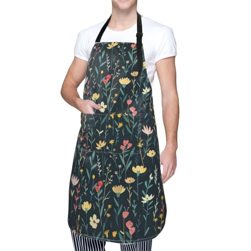Cream Pastel Wildflower Art Waterproof Apron with Pockets | Garden Aprons for Men Women Adjustable Bib Apron for Cooking Kitchen Baking BBQ Painting Housework Oil Resistant - color: Effulgent Petal Tapestry