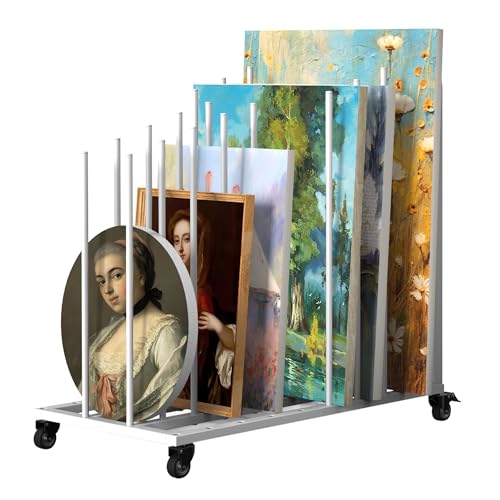Rolling Art Canvas Storage Rack on Wheels, Adjustable Metal Framed Artwork Drying Holder, Large Vertical Picture Frame Display Stand for Painting Boards, Framed Picture, Shipping Box (White) - color: White