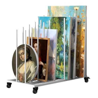 Rolling Art Canvas Storage Rack on Wheels, Adjustable Metal Framed Artwork Drying Holder, Large Vertical Picture Frame Display Stand for Painting Boards, Framed Picture, Shipping Box (White) - color: White
