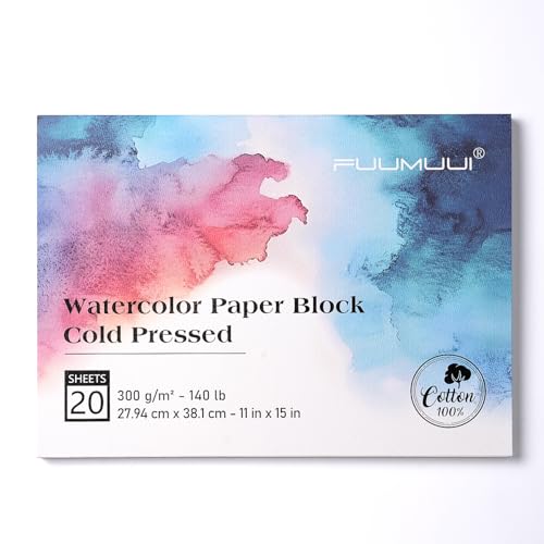 Watercolor Paper Block 11x15 Inch, Fuumuui 100% Cotton Watercolor Paper Pad of 20 Sheets, 140lb/300gsm, Acid-Free Cold Pressed Art Paper for Painting, Drawing, Wet, Mixed Media - color: Cold Press, size: 11×15"