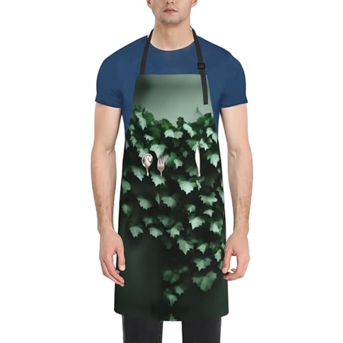 Round watercolor painting Heavy Duty Waterproof Apron with Pockets for AdultsResistant Grilling, Gardening, Painting - color: Green Creeper
