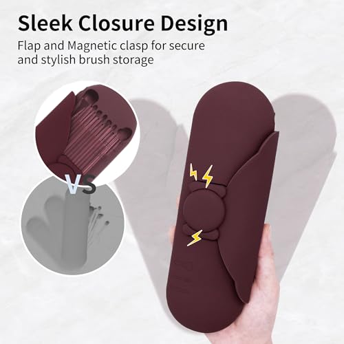 Travel Makeup Brush Holder with Cleaning Pad -Silicone Brush Organizer Case, Magnetic Closure Waterproof Cosmetic Bag for Easy Storage & On-the-Go Cleaning (9.05 Inch) - color: Brown