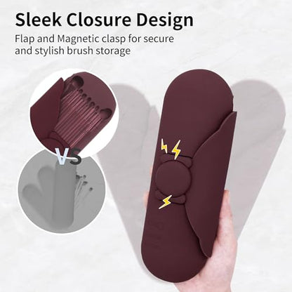 Travel Makeup Brush Holder with Cleaning Pad -Silicone Brush Organizer Case, Magnetic Closure Waterproof Cosmetic Bag for Easy Storage & On-the-Go Cleaning (9.05 Inch) - color: Brown