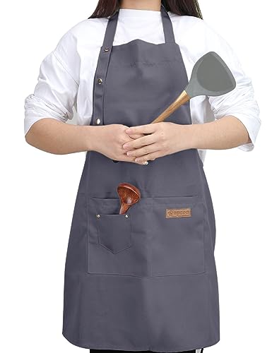 Kitchen Cooking Apron for Women Men with Big Pockets Canvas Waterproof Aprons for Server Pottery Artist Chef Apron - color: Grey