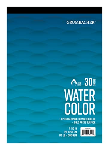 Grumbacher 7" x 10" Cold Press Watercolor Paper Pad, 140 lb. / 300 GSM, Tape-Bound, 30 Sheets/Pad, 1 Each