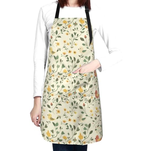 Cream Pastel Wildflower Art Waterproof Apron with Pockets | Garden Aprons for Men Women Adjustable Bib Apron for Cooking Kitchen Baking BBQ Painting Housework Oil Resistant - color: Soft Bird Floral Design