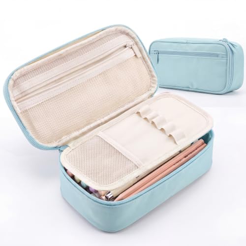 WEMATE Pencil Case, Large Storage Organizer, Makeup Bag, Teacher Must - have, Big Pencil Pouch, Marker Case for College - color: Light Blue