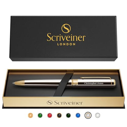 Scriveiner Personalized Silver Chrome Ballpoint Pen - Stunning Luxury Pen, Real Gold Plating, Schmidt Ink Refill, Best Engraved Ball Point Gift Set for Men & Women, Custom Name Engraving - color: 9. Silver Chrome with Gold (Personalized)