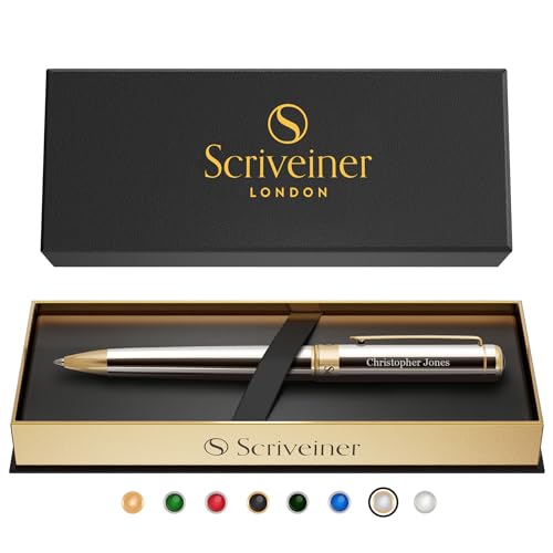 Scriveiner Personalized Silver Chrome Ballpoint Pen - Stunning Luxury Pen, Real Gold Plating, Schmidt Ink Refill, Best Engraved Ball Point Gift Set for Men & Women, Custom Name Engraving - color: 9. Silver Chrome with Gold (Personalized)