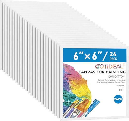 GOTIDEAL Canvases for Painting, 6x6 inch of 24, Professional Primed White Blank Flat Canvas Panels- 100% Cotton Artist Canvas Boards for Acrylics Painting, Oil Watercolor Tempera - size: 6"x6"