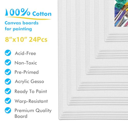 GOTIDEAL Canvas Boards for Painting, 8x10 inch Set of 24, Gesso Primed White Canvases for Painting - 100% Cotton Art Supplies Canvas for Acrylic Paint, Pouring, Oil Paint - size: 8x10 inch