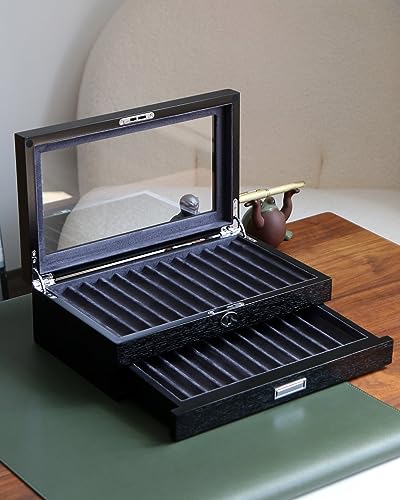 Wood Pen Storage Organizer with 24 Slots, Display Box for Men Gifts, Glass Window Finish, Dark Gray Velvet - color: black 24 slots, gray velvet