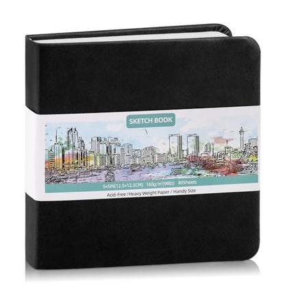 Prudiut Pocket Sketchbook 5 x 5 in, Hardcover, 80 Sheets, Black | 160gsm acid-free paper, elastic closure and ribbon bookmark, compact travel size for sketching on the go - color: Black