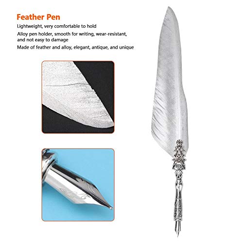 Hakeeta Quill Pen Set, Vintage Fountain Pen, Quill Dip Pen, of Feathers, Unique, for Festival Present, Birthday Gift, with +Pen Nib+Pen Holder(silver 2)