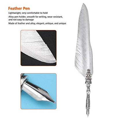 Hakeeta Quill Pen Set, Vintage Fountain Pen, Quill Dip Pen, of Feathers, Unique, for Festival Present, Birthday Gift, with +Pen Nib+Pen Holder(silver 2)