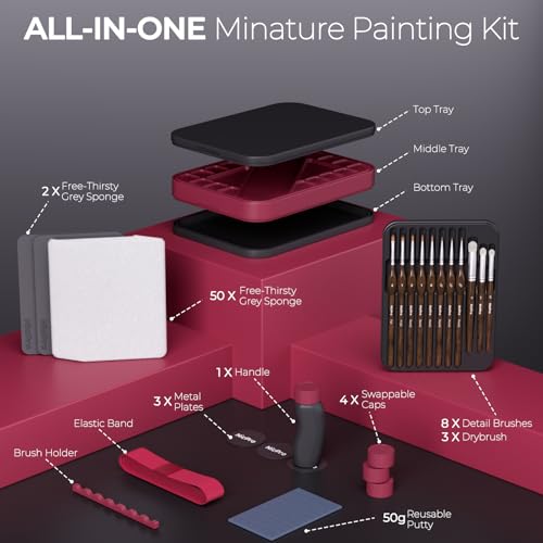 Nicpro Professional Miniature Painting Kit with Wet Palette, Miniature Painting Handle & 11PCS Detail Paint Brushes Drybrush, Sponge, Pallet Paper, Brush Holder Mixing Paint Saver Palette - color: Red & Black
