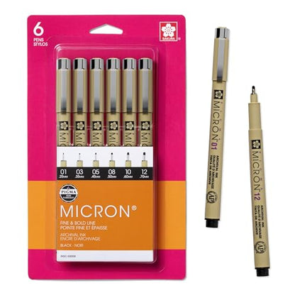 SAKURA Pigma Micron Black Ink Multi-tip Set, 6 Pack - size: 1 Count (Pack of 6)