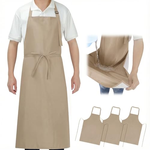 SHEOMERN Aprons for Men Kitchen Cooking – Waterproof & Oil Proof 3-Layer Long Pocket-Free Chef Apron for Grilling BBQ Baking – Gift for Men - color: Beige