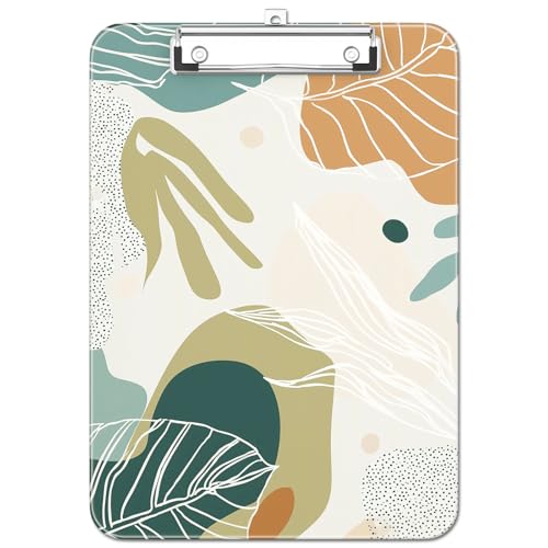 Plastic Cute Clipboard Low-Profile Metal Clip, A4 Letter Size 9 x 12.5 in, 8.5 x 11 Paper Clip Board for Teachers, Nurses, Classroom,Boho Leaves - color: Boho Leaves