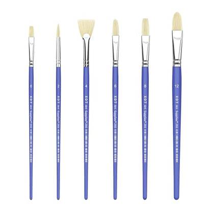 XDT#266 Filbert Artist Paint Brush 6 Piece Set Medium Stiff Hog Bristle Extra Long Handle #0#2#4#6#8#12, Acrylic Oil Watercolor - color: Blue