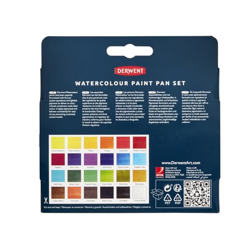 Derwent Watercolour Paint Pan 24 Set, Set of 24, Half Pan Size, Water-Soluble, Ideal for Painting, Professional Quality, Travel Size, 2306324