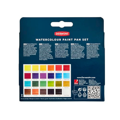 Derwent Watercolour Paint Pan 24 Set, Set of 24, Half Pan Size, Water-Soluble, Ideal for Painting, Professional Quality, Travel Size, 2306324