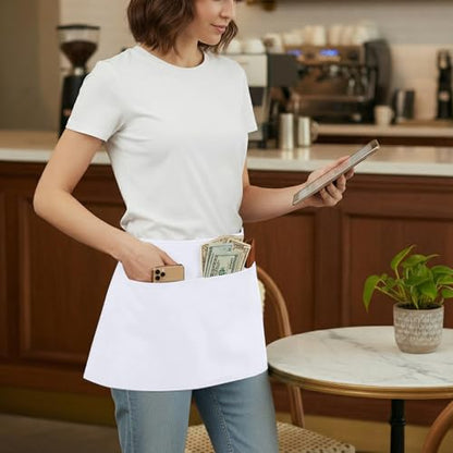 BOHARERS Waist Apron with 3 Pockets 12 Pack - White Waitress Server Short Apron - color: C-12 Pack White