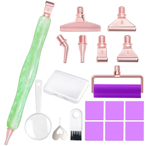 Praise V Do Diamond Painting Art Drill Pen Kit with Screw Stainless Steel Rose Metal Tip Nibs Placers Roller Tool Accessories, Ergonomic Diamond Art Pen for 5D Diamond Paint Bead Dot Green - color: Shining LtGreen-Rose Gold Metal