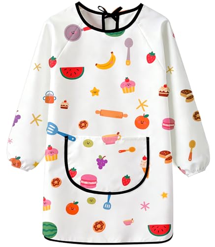 MINIQ Kids Art Smock,Waterproof Painting Apron Artist Smocks with Pocket Long Sleeves for Age 5-8 - color: Pink Kitchen Fun, size: XXL for Age 5-8