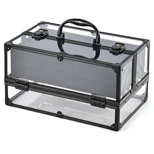 FRENESSA Portable Makeup Case Cosmetics Display Toiletry Organizer Box Transparent Acrylic Artists Train Case with 4 Trays Travel Makeup Tools Storage for Vanity Counter Dresser Organizer Black