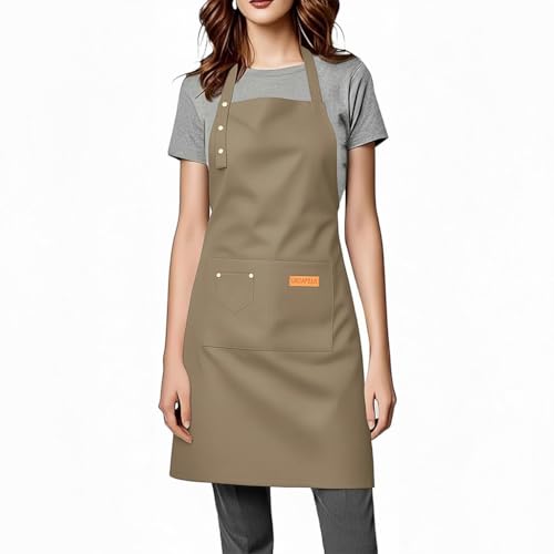 Kitchen Cooking Apron for Women Men Water-Resistant Artist Barista Baking Craft Catering Work Bib with Large Pockets - color: Khaki