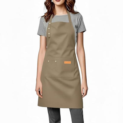 Kitchen Cooking Apron for Women Men Water-Resistant Artist Barista Baking Craft Catering Work Bib with Large Pockets - color: Khaki