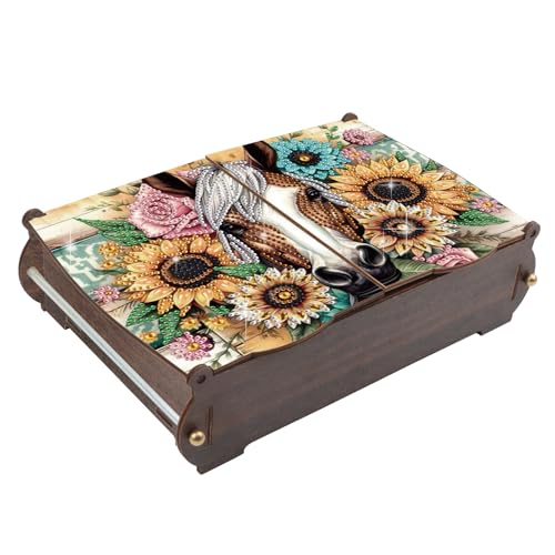 Diamond Painting Kit Wooden Storage Box, Horse and Sunflowers DIY Special Shaped Diamond Flip Cover Wooden Money Box, Handmade Art Desktop Decorations Birthday Gifts for Friends - color: Horse and Sunflowers
