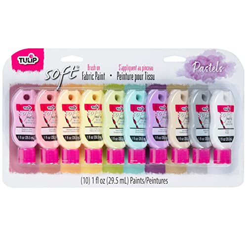 Tulip Soft Fabric Paint, Permanent Fabric Paint for Clothes, Pastel Colors, 10 Pack of 1 fl oz bottles, Matte Finish Stays Flexible after Washing - color: Pastels