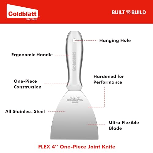 Goldblatt 4" Putty Knife, One-Piece Paint Scraper Tool, All Stainless Steel Joint Knife with Flexible Blade, Seamless Design, Metal Ergonomic Handle - for Drywall Repairing, Finishing and Scraping