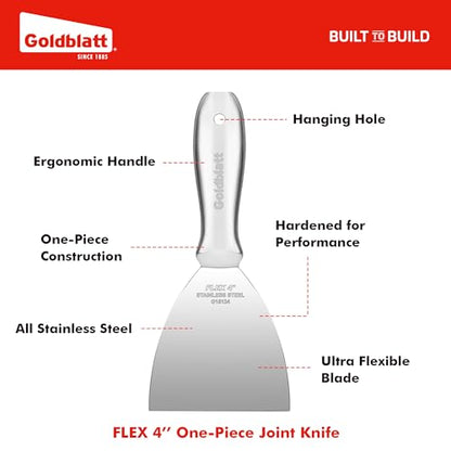 Goldblatt 4" Putty Knife, One-Piece Paint Scraper Tool, All Stainless Steel Joint Knife with Flexible Blade, Seamless Design, Metal Ergonomic Handle - for Drywall Repairing, Finishing and Scraping