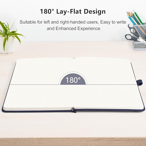 RETTACY Dotted Journal Notebook, 192 Pages, A5 Medium Size (5.7'' x 8.3''), Leather Hardcover, 100 GSM Thick Paper, for Journaling, Planning, Tracking (Navy Blue) - color: Navy Blue, style: Dotted