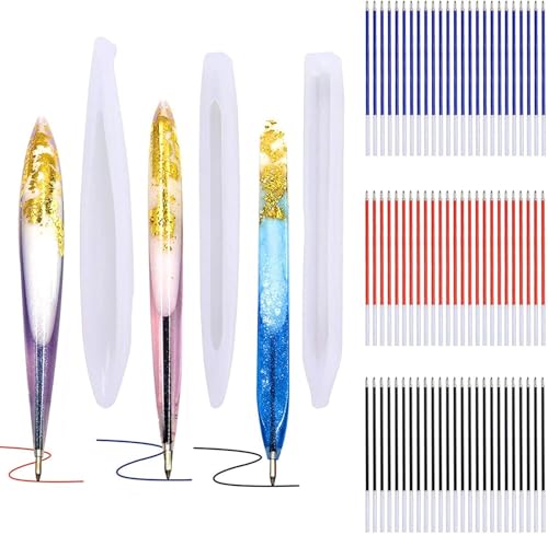 JANYUN 3 Pieces Pen Shape Resin Mold Ballpoint Pen Silicone Molds Epoxy Resin Molds Resin Casting Molds with 75 Pieces Ballpoint Refill Pens for DIY Resin Crafts Making (Assorted Color) - color: Assorted Color