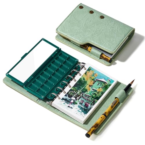 Portable Watercolor Sketchbook Set - 100% Cotton 5.1x3.0 Inch Hot Press 20 Sheets Binder Art Journal with 18-Well Ceramic Paint Palette & Travel Watercolor Brushes for Artists Outdoor Painting - color: Green